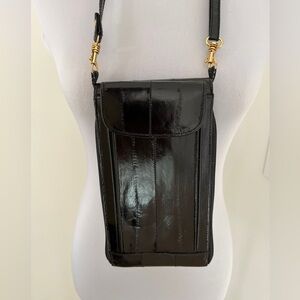 CROSS BODY Small Eel Skin Look Wallet Bag Shiny Black Zip Around Travel Festival